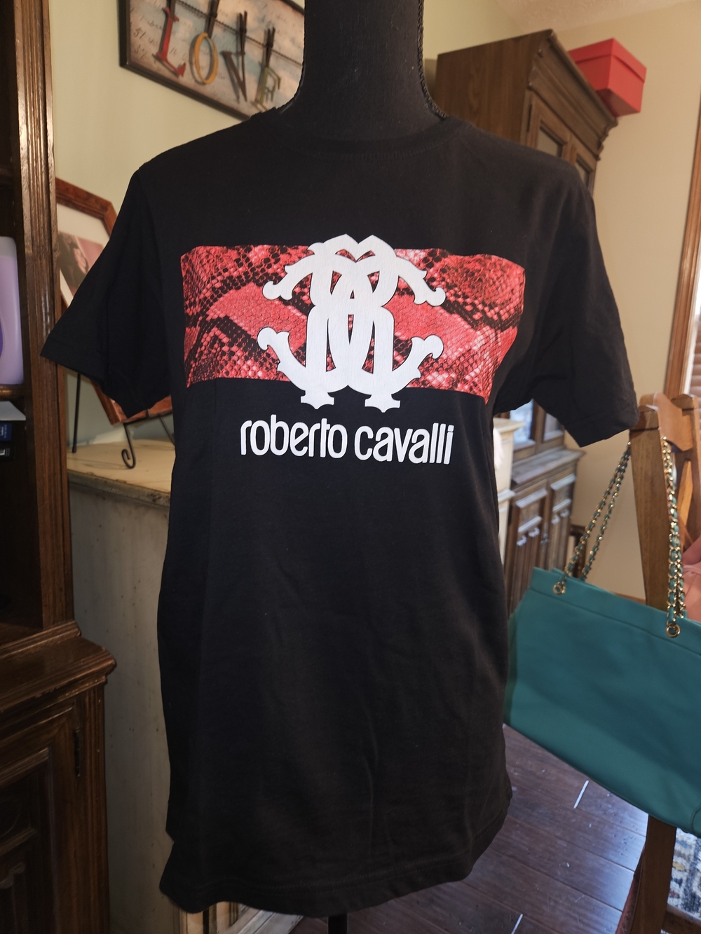 Roberto Cavalli Men’s Black T-Shirt with Red Graphic Sz Large